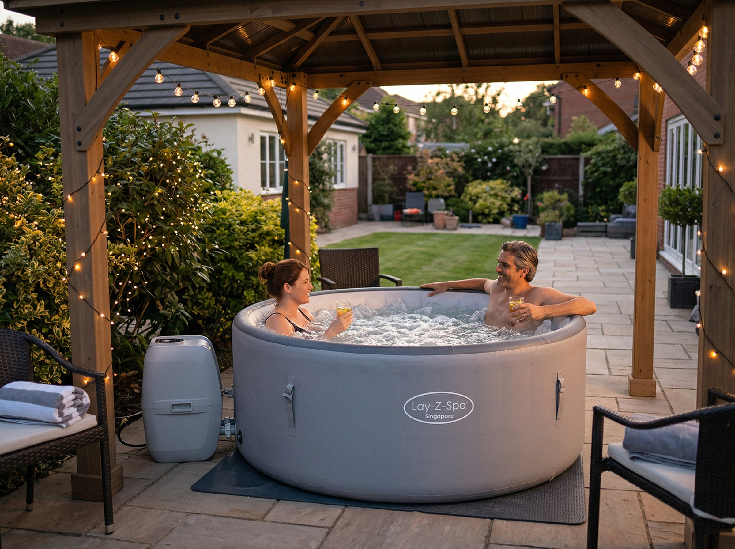 Hot tub with gazebo shelter